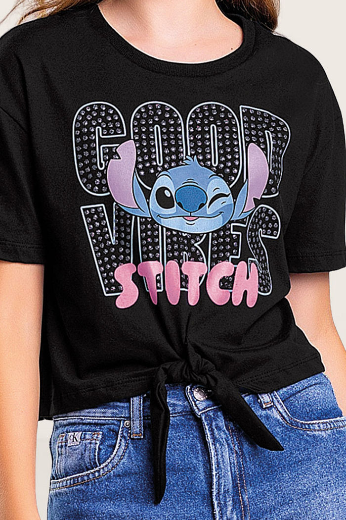 Blusa em meia malha Lilo & Stitch com amarração