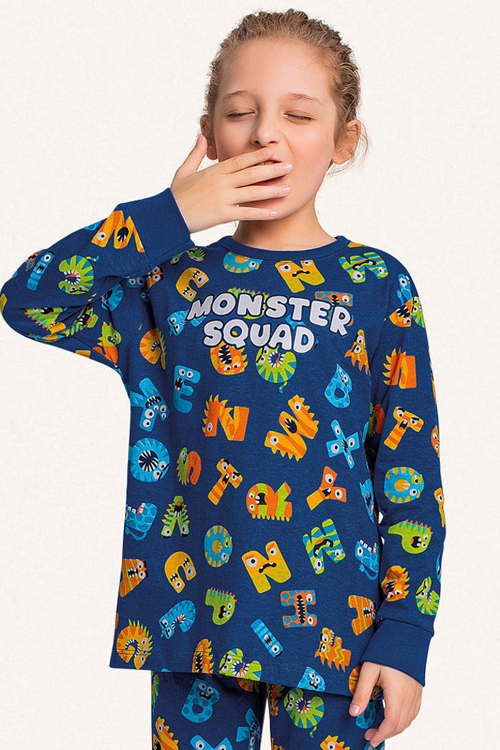 Conjunto pijama camiseta manga longa e calça em meia malha monster