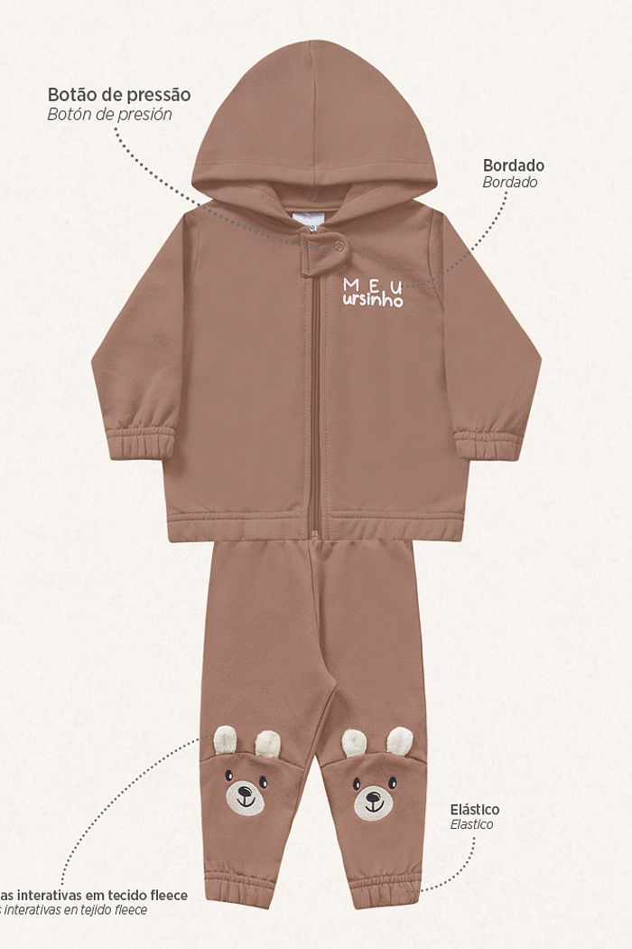 Conjunto jaqueta com capuz e calça em moletom urso