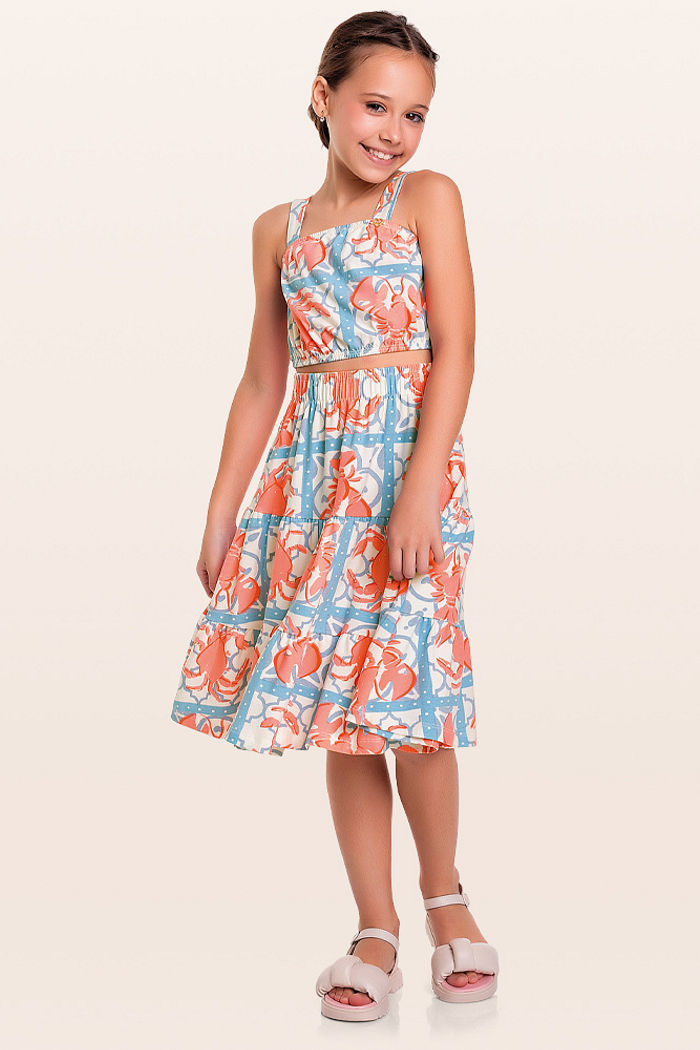 Conjunto top cropped e saia midi lagosta