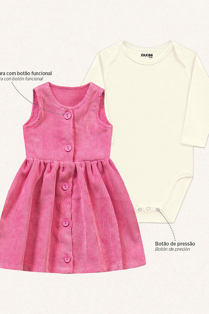 Conjunto body manga longa em cotton e vestido em veludo cotelê