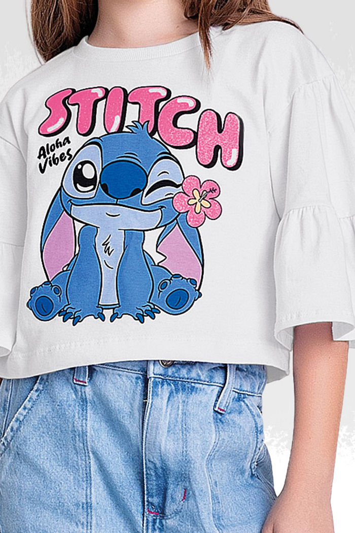 Blusa em meia malha Lilo & Stitch e babado na manga