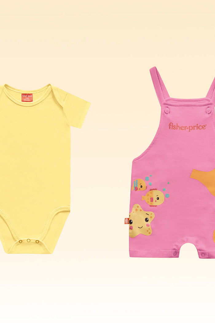 Conjunto body manga curta e macacão de bichinhos