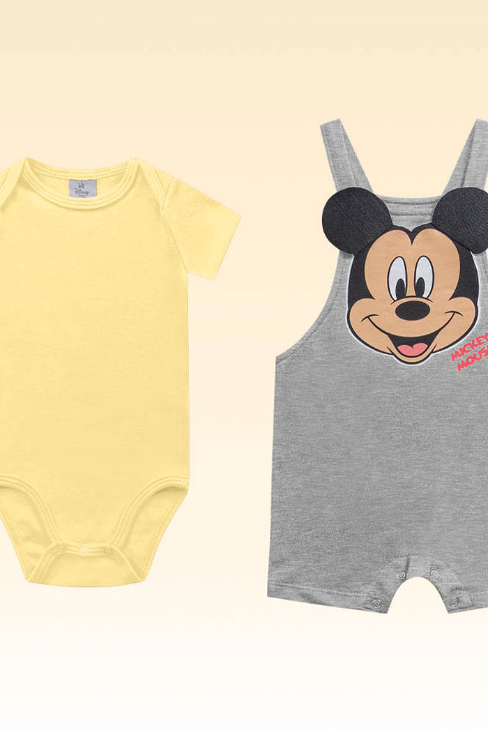 Conjunto body em meia malha e macacão mickey