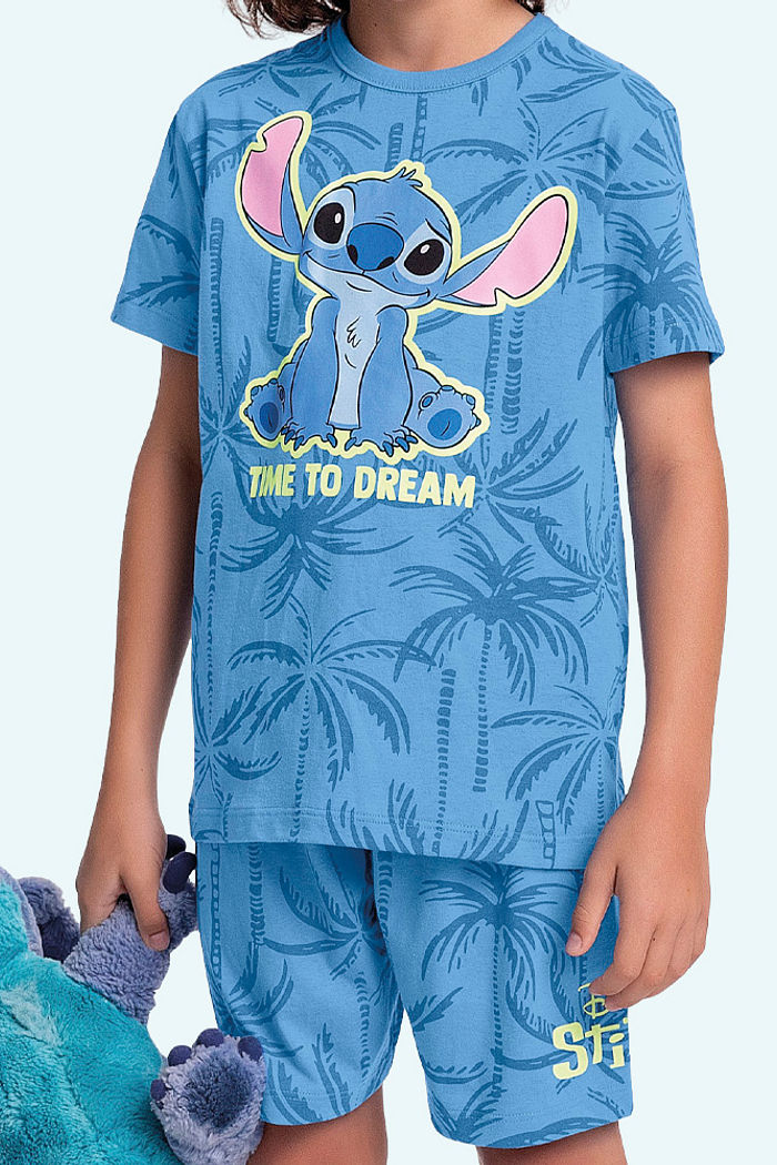 Conjunto pijama camiseta e bermuda Stitch caribe