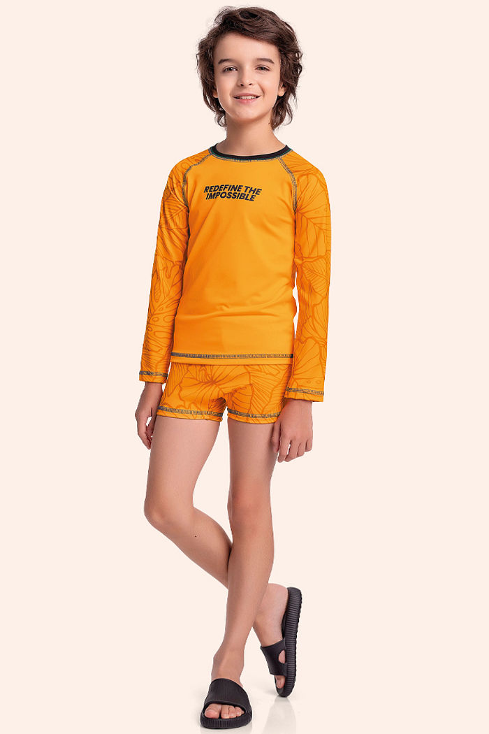 Conjunto camiseta manga longa e sunga boxer com costura trançador contraste