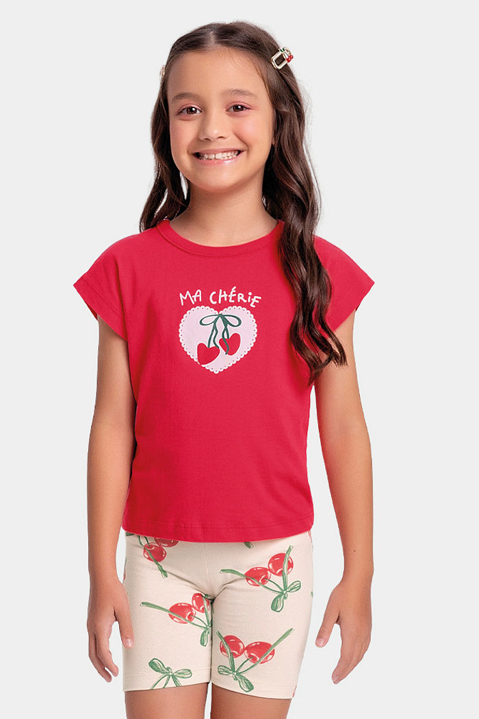 Conjunto blusa e ciclista com estampa de cereja