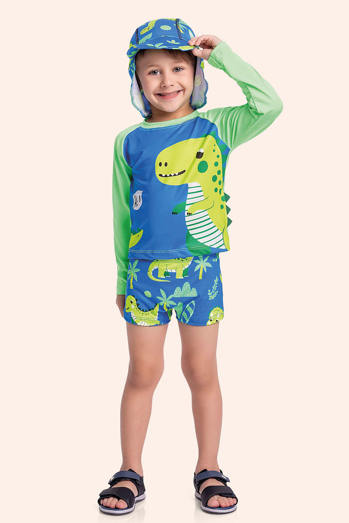 Conjunto camiseta manga longa com aplique interativo em feltro, sunga boxer e chapéu