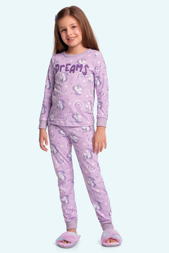 Conjunto pijama blusa manga longa e calça de unicórnio