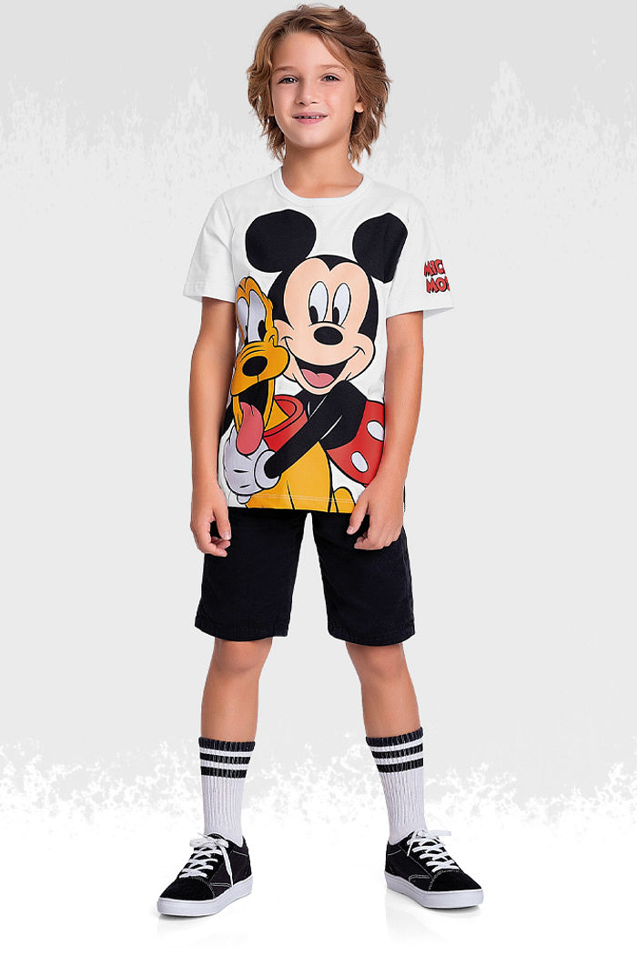 Camiseta em meia malha mickey e pluto