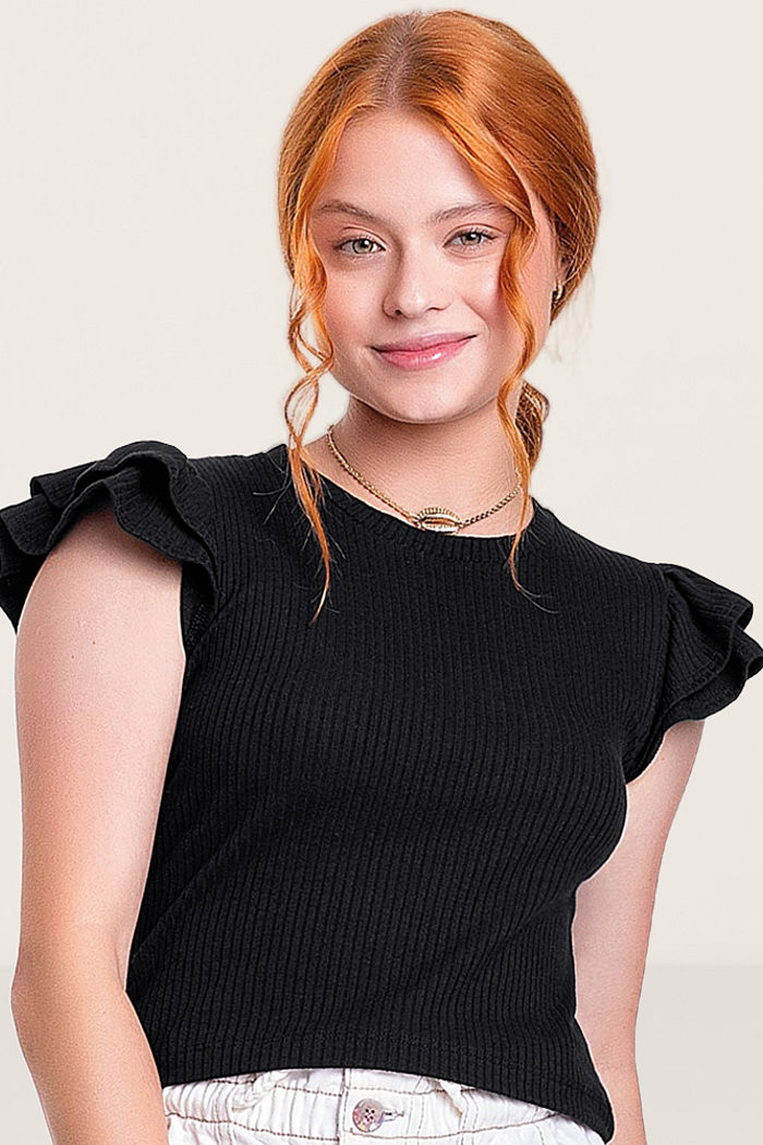 Blusa em ribana 5x3 viscose com babado nos ombros