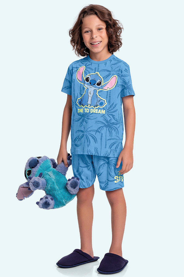 Conjunto pijama camiseta e bermuda Stitch caribe