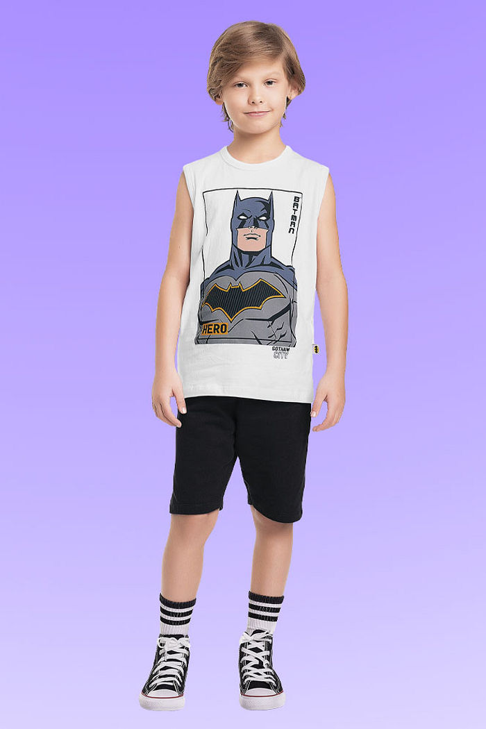 Conjunto regata em meia malha e bermuda em moletinho Batman