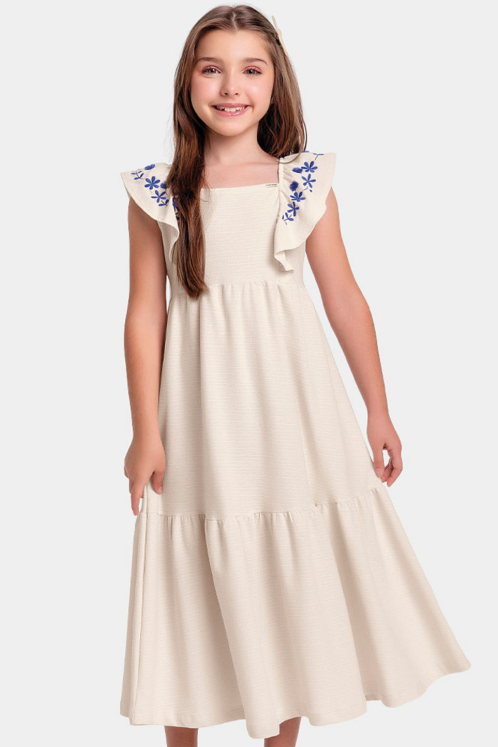 Vestido midi em malha florence com babado bordado