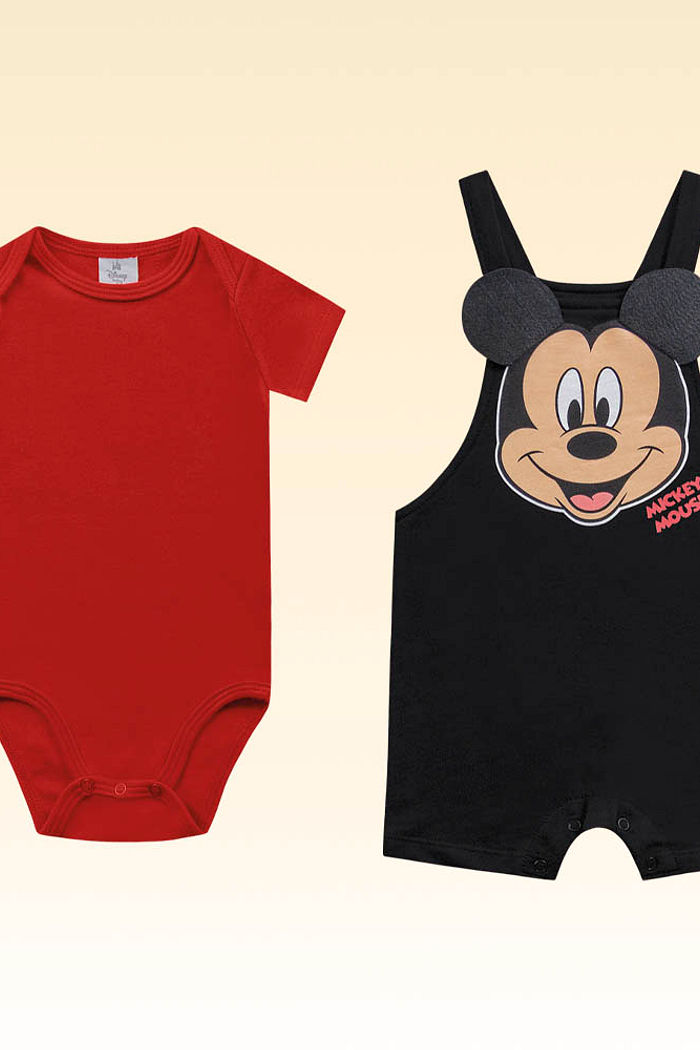 Conjunto body em meia malha e macacão mickey