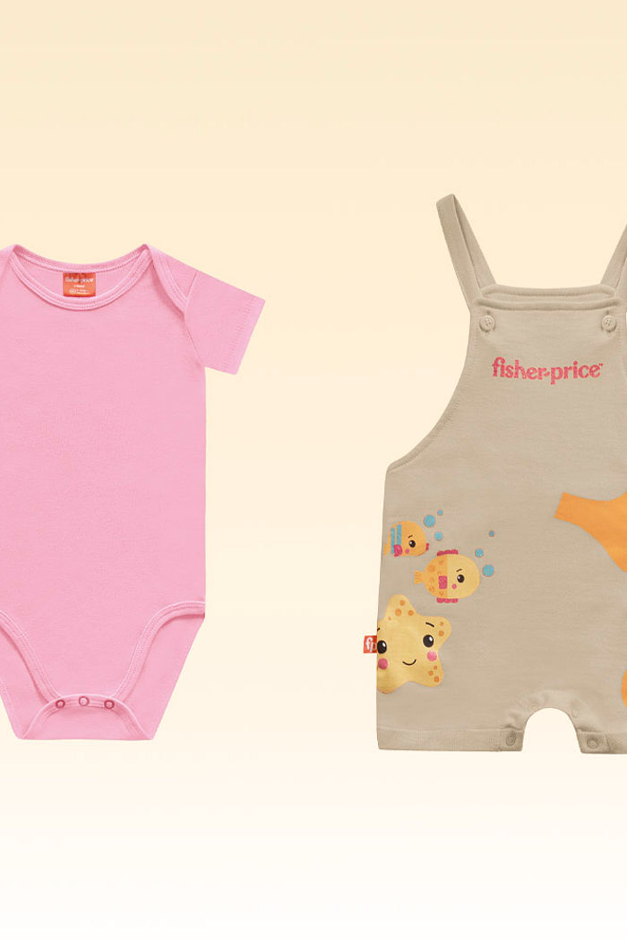 Conjunto body manga curta e macacão de bichinhos