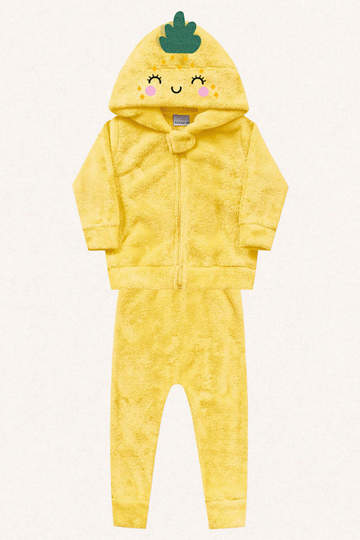 Conjunto jaqueta com capuz e calça em tecido fleece frutas