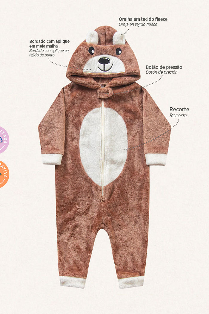 Macacão manga longa com capuz em tecido fleece urso