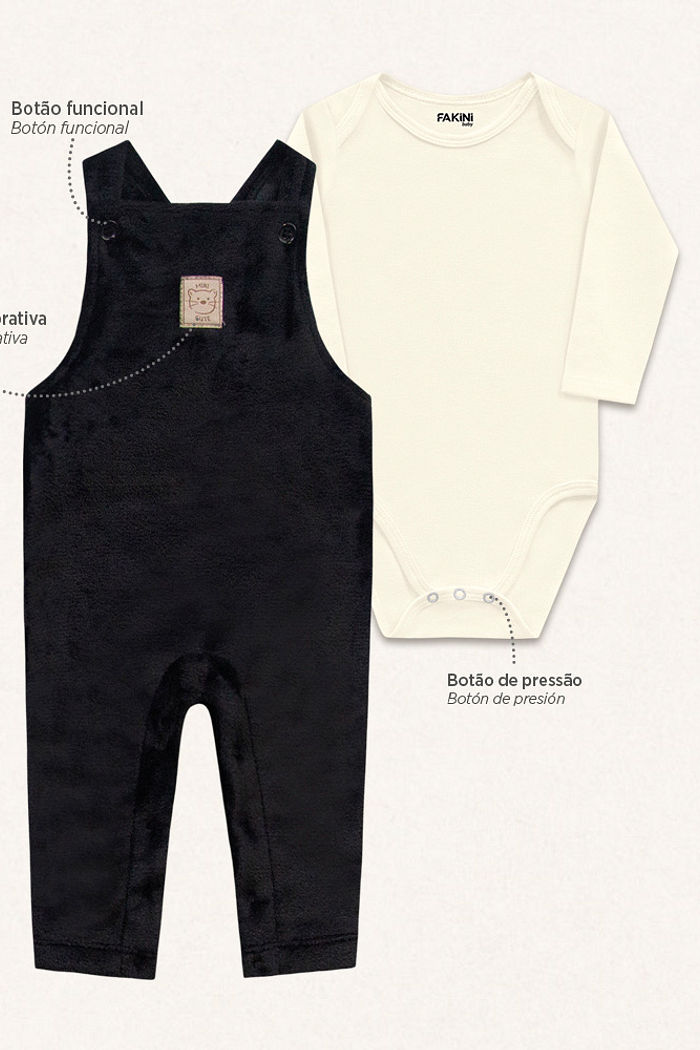 Conjunto body manga longa em meia malha e macacão em tecido fleece