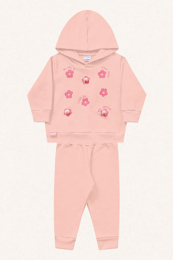Conjunto blusão com capuz e calça em moletom flores