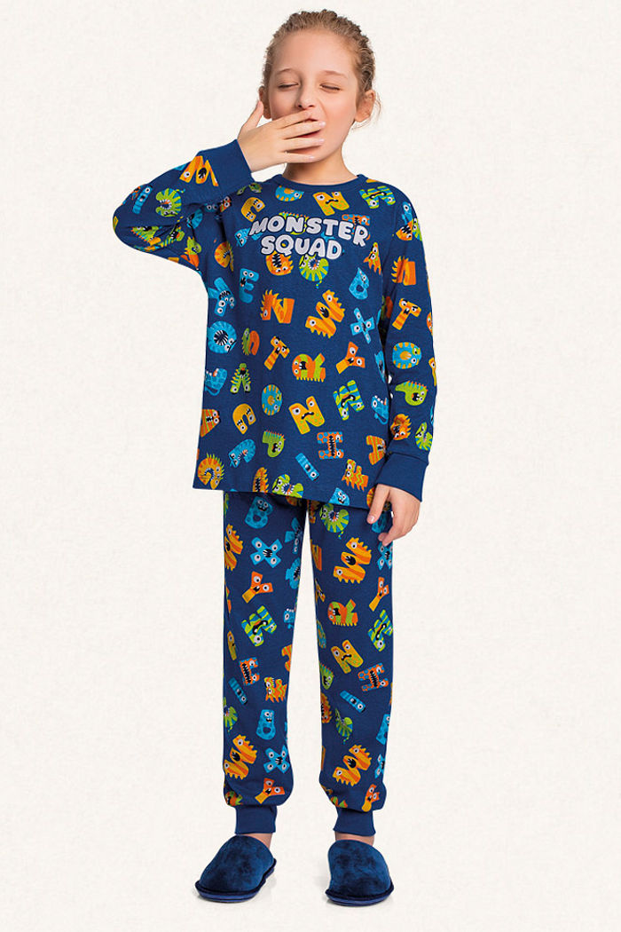 Conjunto pijama camiseta manga longa e calça em meia malha monster