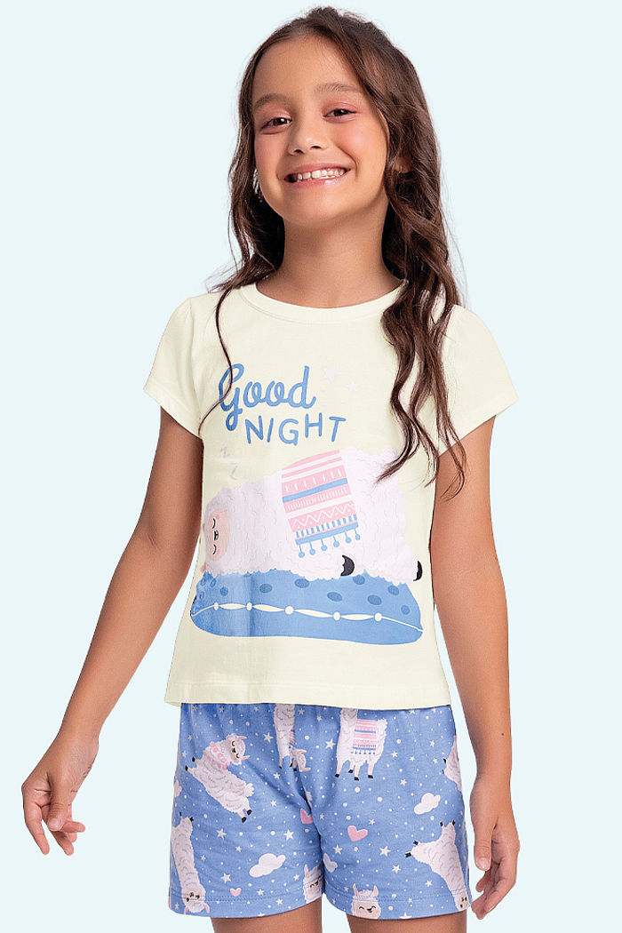 Conjunto pijama blusa e short em meia malha de lhama