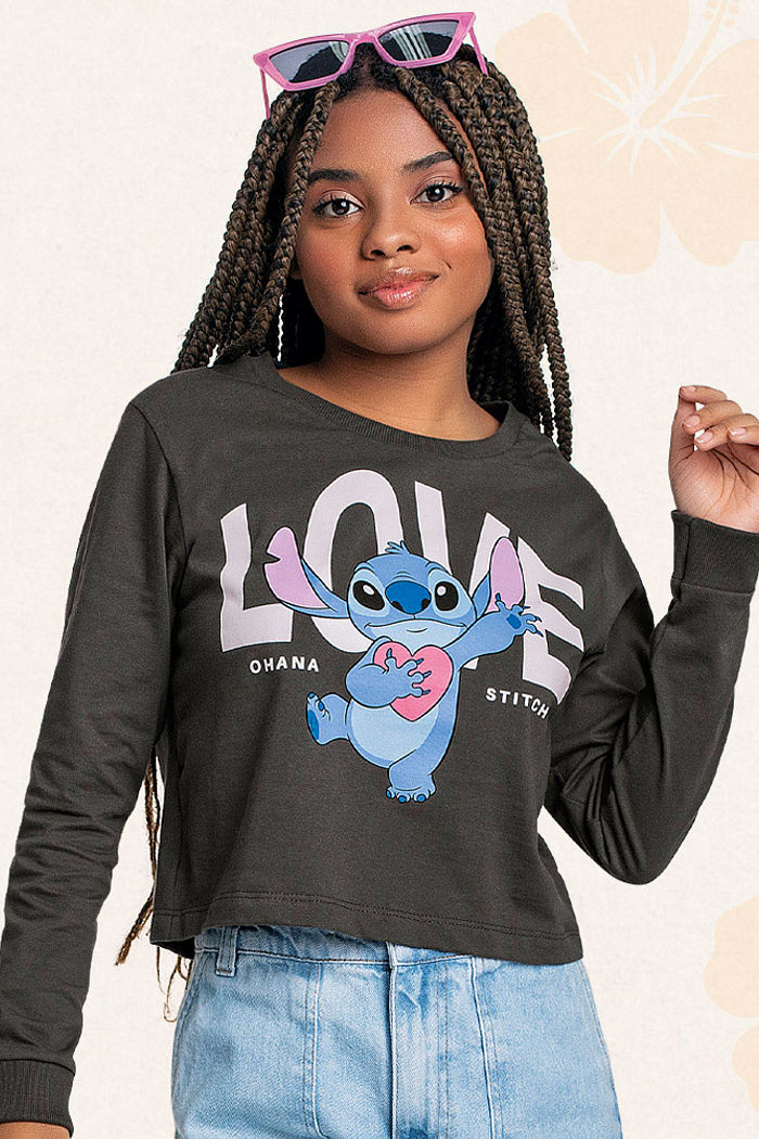 Blusa manga longa em meia malha Lilo & Stitch love