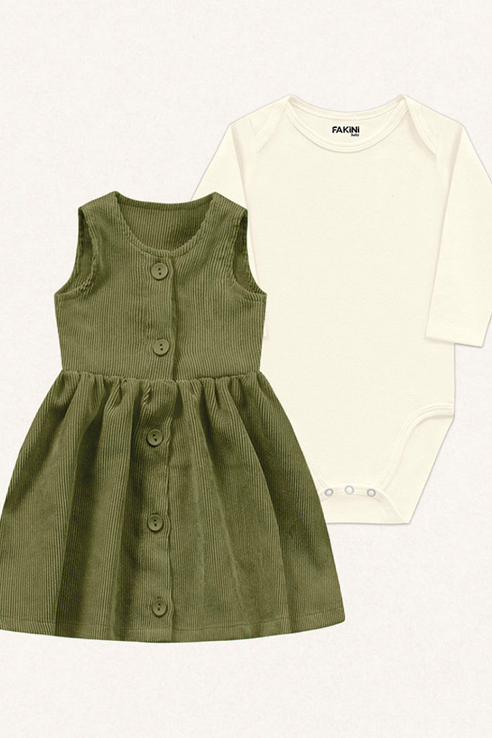 Conjunto body manga longa em cotton e vestido em veludo cotelê