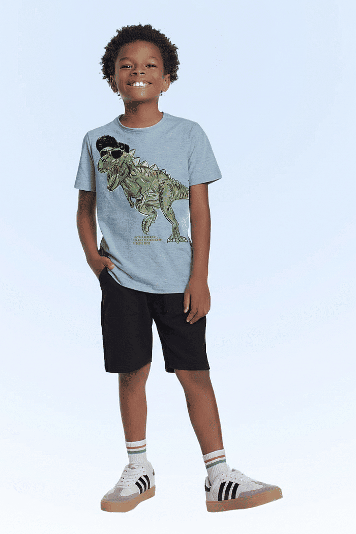 Conjunto camiseta em meia malha mescla e bermuda em moletinho