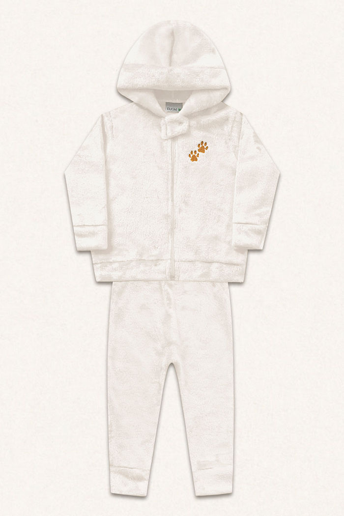 Conjunto jaqueta com capuz e calça em tecido fleece leão