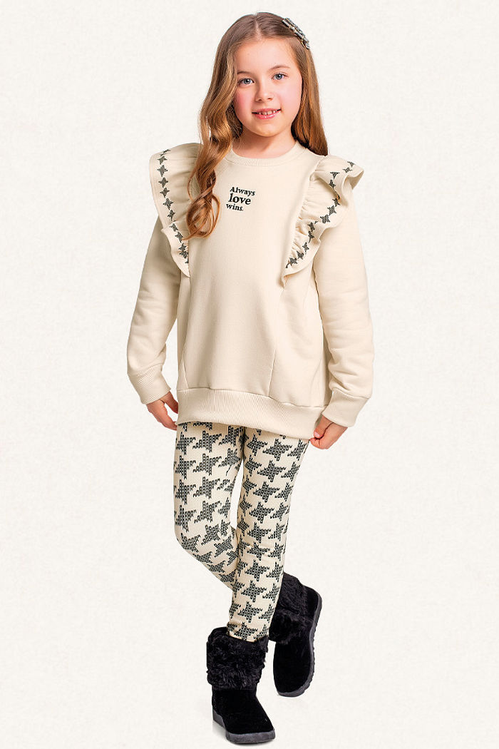 Conjunto blusão com babado estampado em moletom e legging em molecotton