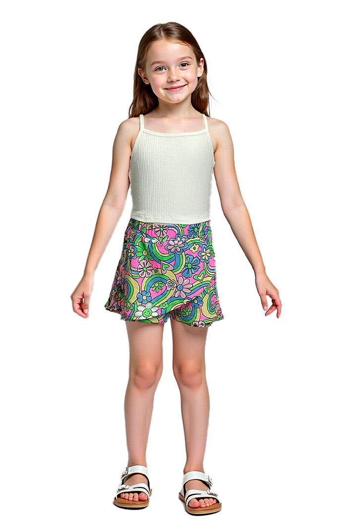 Conjunto Regata/shorts-saia floral arco-íris