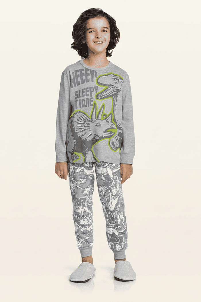 Conjunto pijama camiseta manga longa e calça dino