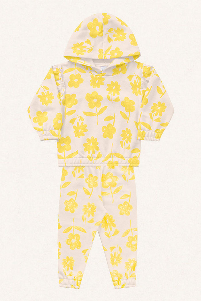Conjunto blusão com capuz e calça em moletom flor