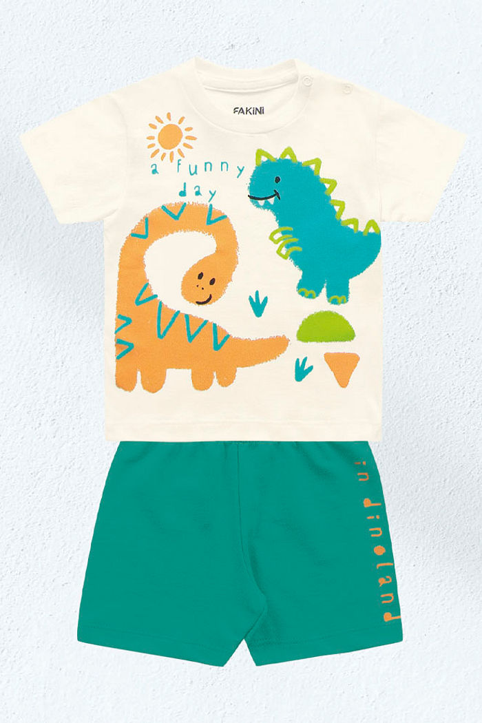 Conjunto camiseta dinos em meia malha e bermuda em moletinho