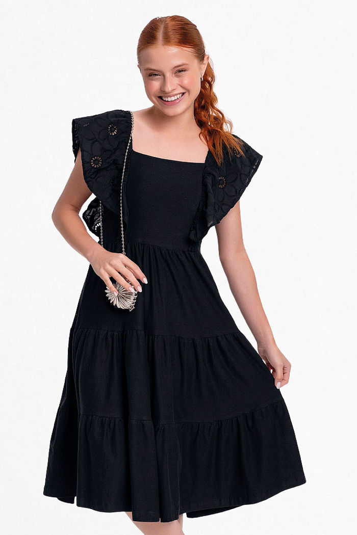 Vestido em cotton flamê com babados em laise e lastex