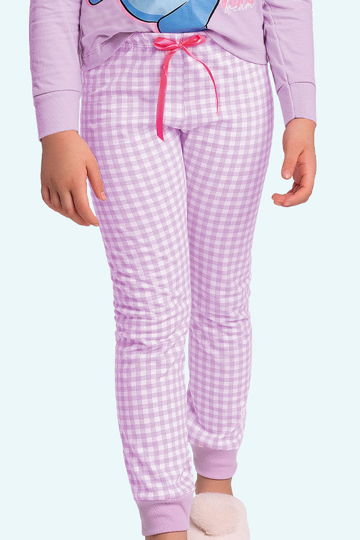 Conjunto pijama blusa manga longa e calça xadrez com laço Stitch