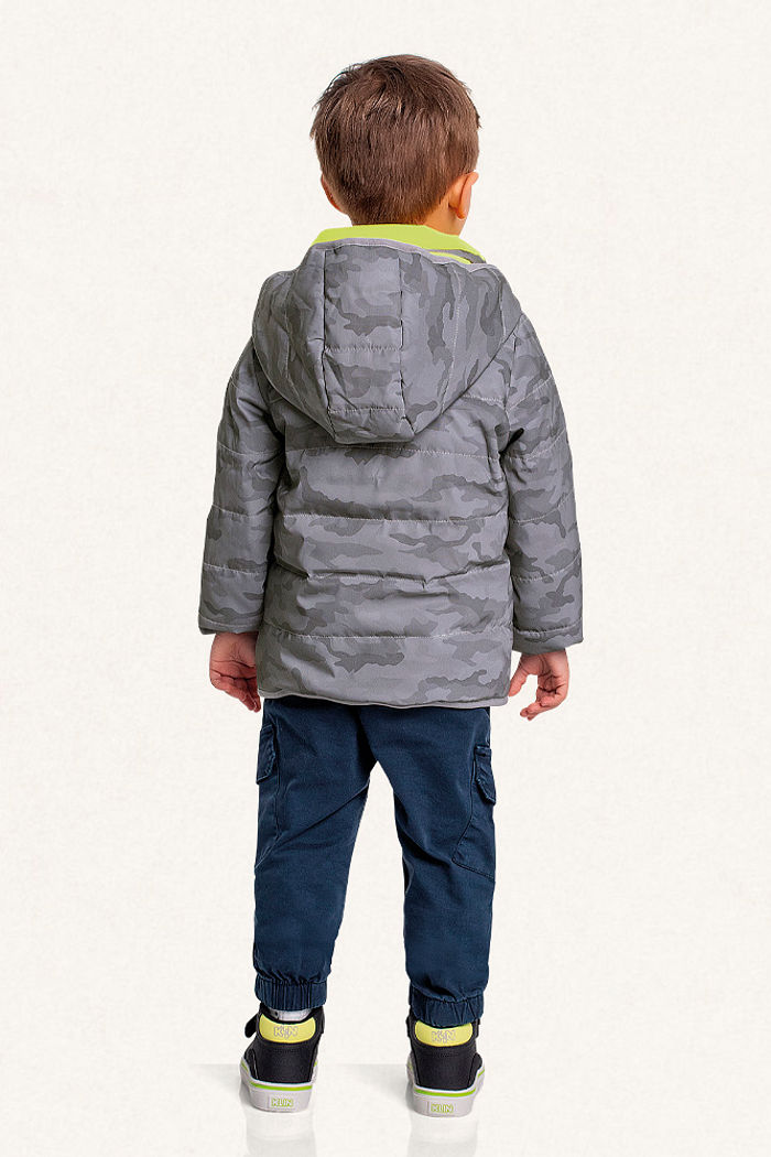 Jaqueta com capuz puffer refletiva com forro militar