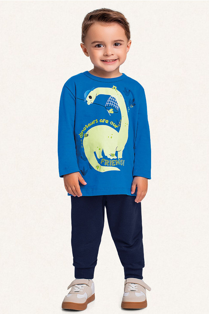 Conjunto camiseta manga longa em meia malha e calça em moletinho dinossauro amigo
