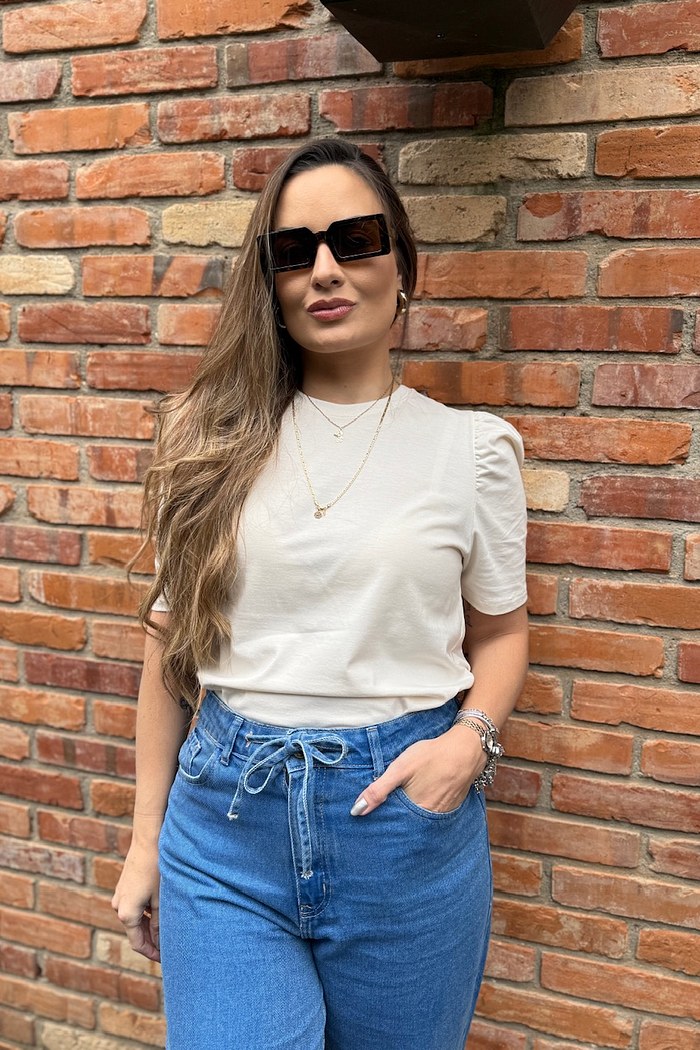 BLUSA FEMININA MANGA BUFANTE DE ALGODÃO LISA - OFF WHITE