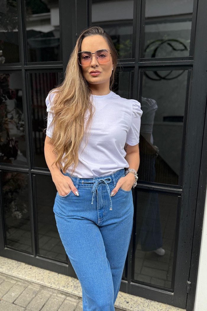 BLUSA FEMININA MANGA BUFANTE DE ALGODÃO LISA - BRANCO