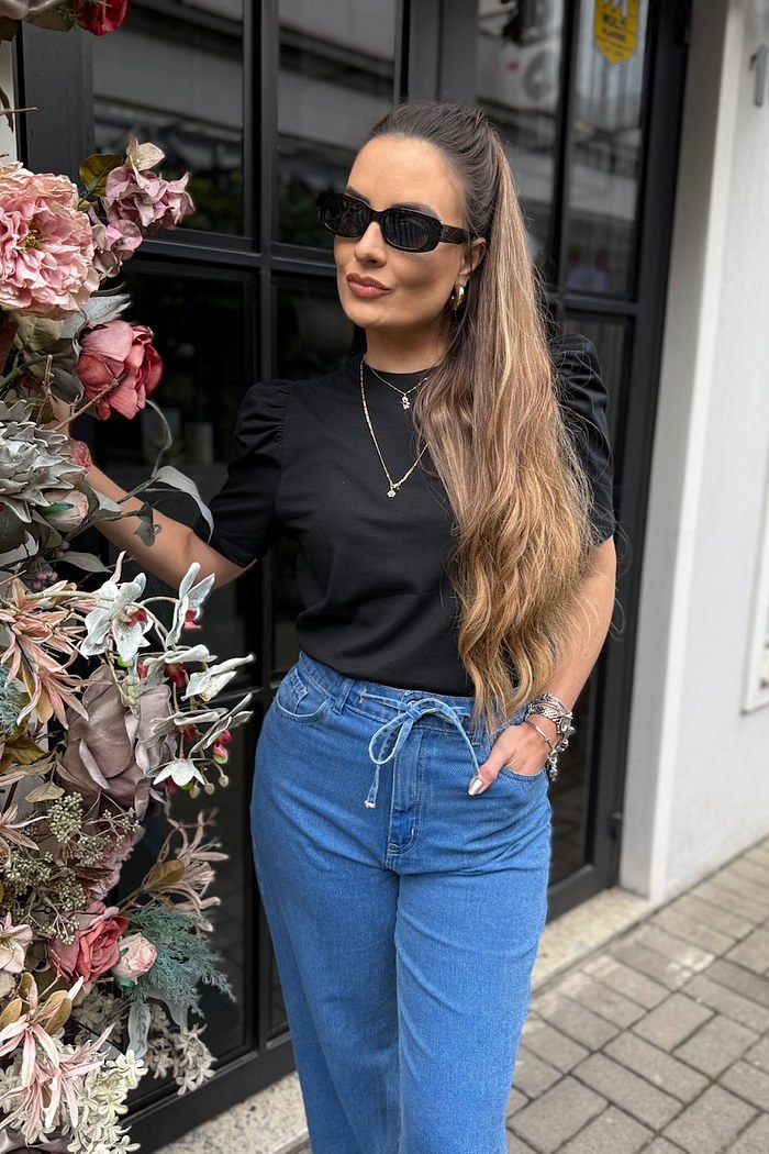 BLUSA FEMININA MANGA BUFANTE DE ALGODÃO LISA - PRETO