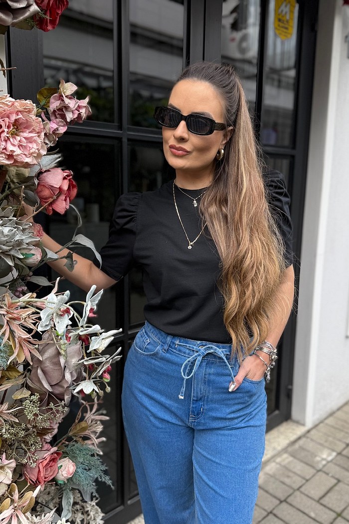 BLUSA FEMININA MANGA BUFANTE DE ALGODÃO LISA - PRETO