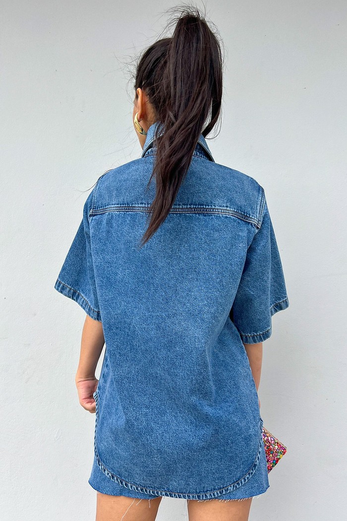 Camisa Jeans Dark Manga Curta Bia - MiniMoni