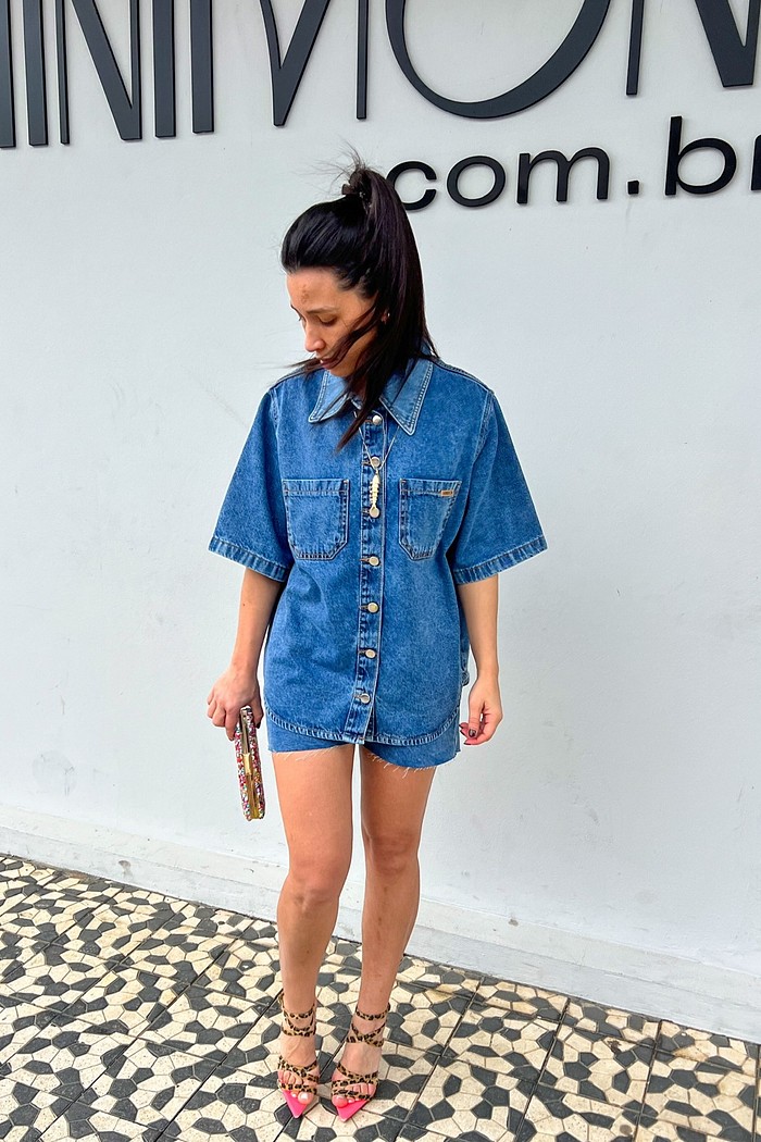 Camisa Jeans Dark Manga Curta Bia - MiniMoni