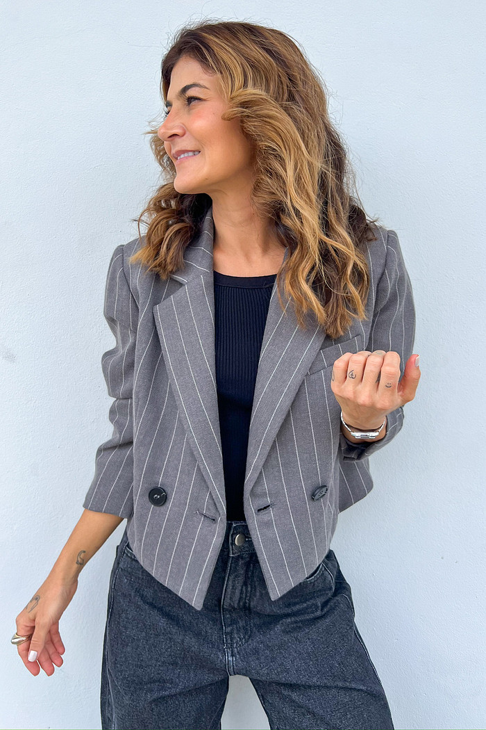 Blazer de Alfaiataria Cinza Risca de Giz - Mini Moni