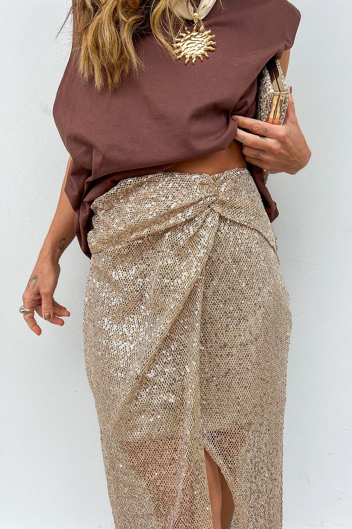 Saia Midi Paetê Dourado Champagne Detalhe Clutch Coordenada - Minimoni