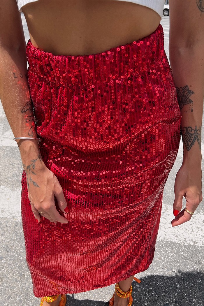 Saia Midi Paetê Vermelha