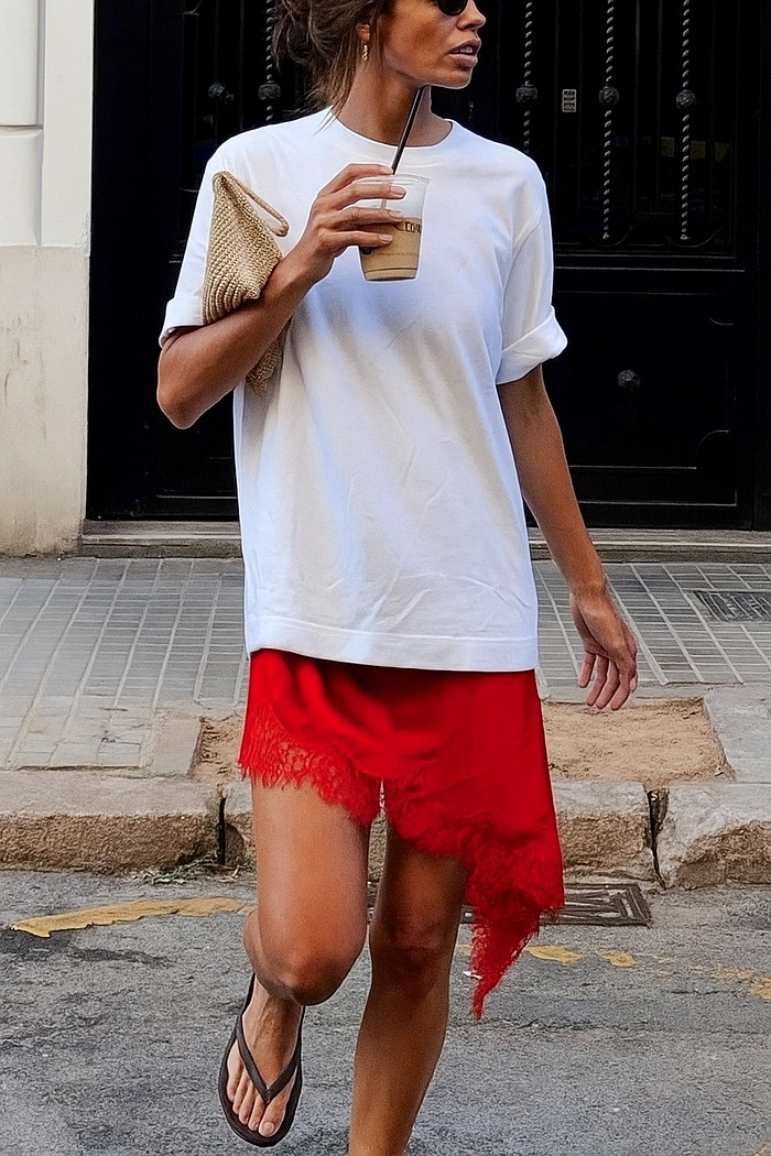 Saia cetim vermelha assimétrica Satin, vista traseira comprimento midi, barra renda – Minimoni