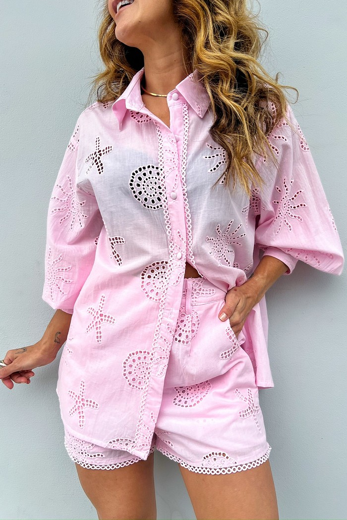 Conjunto Laise Genova Rosa Shorts Bolsos Funcionais Modelagem - Minimoni